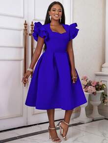 Women's Sweetheart Neck Ruffle Hem Flare Skirt, Suitable For Parties, Graduations, Back To School Occasions, Paired With Bell Sleeves - Blue - View 5