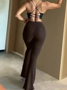 Women's Solid Color Ribbed Casual Slim Flared Leggings - Brown - View 6