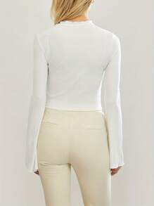 Women Long Sleeve Crop Tops Solid Color Ribbed T-Shirts Spring Fall Casual Slim Fit Shirts - White - View 2