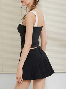 Women Summer Fitted Tank Tops Solid Color/Contrast Color Sleeveless Low Cut Ruched Vest - Negro - Ver 5