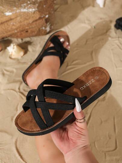 SANDALIAS DE DURACIÓN PROLONGADA (Circunferencia talla grande ancha, 2 tallas talla grande anchas que la circunferencia normal) Sandalias anchas de mujer de estilo retro americano clásico de cuatro estaciones con tiras trenzadas cruzadas, de estilo romano, de ambiente simple, casuales y cómodas, transpirables y ligeras, de punta abierta, adecuadas para interiores y exteriores, vacaciones en la playa o uso diario, chancletas planas anchas negras / chancletas con tacón inclinado