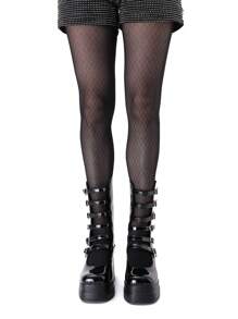 ROMWE Goth Waterproof High Heel Boots With Square Toe, Chunky Heel And Six Rows Of Hollow Out Heart Buckles - Black - View 3