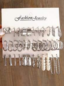 36pcs/Set Fashionable Minimalist Faux Pearl Metal Element Asymmetrical Geometric Twist Hoop Earrings Set, Women Holiday Party Daily Wear Gift - Silver - View 17