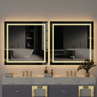 Bathroom Mirror With LED Lights Square Backlit Illuminated Vanity Mirror LED Wall Mounted Mirror With Demister Pad/Dimming/Touch Sensor