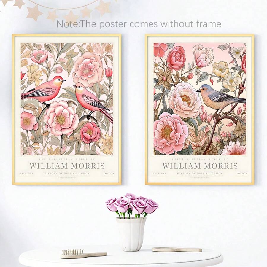 Set Of 2, William Morris Pink Art Print, Gallery Wall Art, Exhibition Poster, Large Wall Art, Peony, Floral Botanical Wall Art, Canvas Poster, Decor For Home- Bed Room, Hallway Decoration , Bathroom Gifts Birthday Graduation