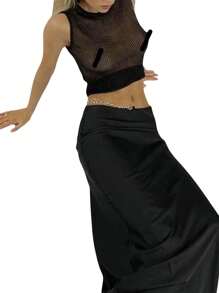 Women's Summer Short Tank Tops Solid Color Sleeveless O Neck Sheer Crop Knit Vest For Night Club Party - 黑色 - 查看 7