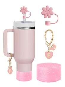 Set de 3 piezas: 1 pieza Tapa de pajita de silicona hexagonal, 1 pieza Marcador de taza con forma de letra/corazón/mariposa, y 1 pieza Funda de taza con purpurina, adecuado para tazas de 30-40 onzas, diámetro de pajita de 9-10 mm, tazas de vidrio con asa, decoración de mariposa rosa linda, regalo para el Día de la Madre