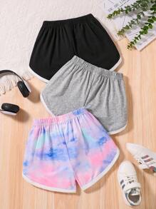 3pcs/Set Girls Casual Comfy Summer Shorts, Girls Solid Color With Tie-Dye White Hem Elastic Waist Shorts Set, Girls Versatile Outdoor Active Shorts Youth Clothing, Young Girl Soft Breathable Moisture Wicking Sports Casual Summer Outfit