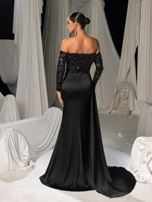 Faeriesty 露肩亮片紧身胸衣美人鱼下摆缎面礼服