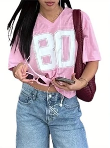 Camiseta de jersey oversize de mujer estilo Y2K, con cuello redondo, diseño de bloques de color y gráfico de números, camiseta informal suelta de verano, ropa estética para salir