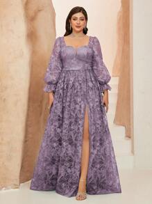 Plus Size Non-Locational Flower Sweetheart Neck Embroidered Lace Long Sleeve Front Split High-End Evening Gown, Bridesmaid Dress - Dusty Purple - View 5