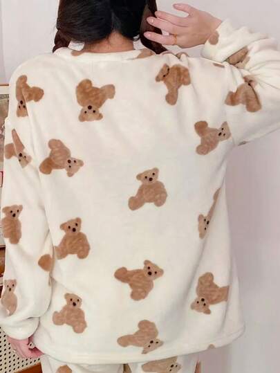 Sleepwear Set, Flannel Fluffy Pajama Set Schattige Bear Print, able Sleepwear, Two Pieces Fall Clothes, Cozy view 5