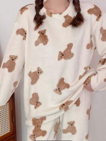 Sleepwear Set, Flannel Fluffy Pajama Set Schattige Bear Print, able Sleepwear, Two Pieces Fall Clothes, Cozy view 4