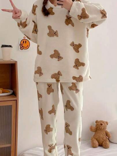 Sleepwear Set, Flannel Fluffy Pajama Set Schattige Bear Print, able Sleepwear, Two Pieces Fall Clothes, Cozy view 3
