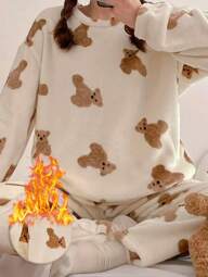 Conjunto de pijama de inverno de 2 peças, conjunto de pijama felpudo de flanela com estampa de ursinho fofo, roupa de dormir simples e moderna, conjunto de duas peças, roupas de outono/inverno, aconchegante.