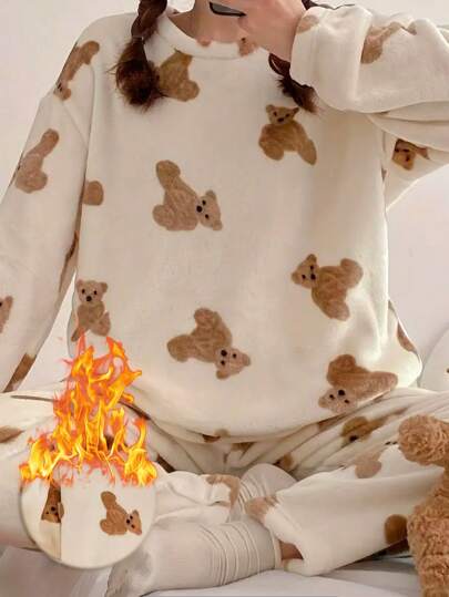 Sleepwear Set, Flannel Fluffy Pajama Set Schattige Bear Print, able Sleepwear, Two Pieces Fall Clothes, Cozy