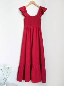 女士春夏连衣裙，红色，时尚休闲，纯色，简约舒适，无肩带设计，优雅短袖连衣裙