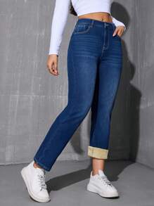 冬季保暖直筒牛仔裤