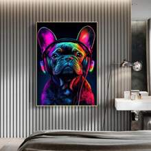 French Bulldog Wall Art Dog Wall Decor Black Poster Canvas Prints Graffiti Bulldog Wear Headphone Paintings For Living Room Bedroom Bathroom Home Office Decor,Framed And Ready To Hang.