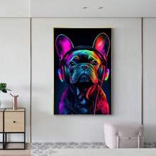 French Bulldog Wall Art Dog Wall Decor Black Poster Canvas Prints Graffiti Bulldog Wear Headphone Paintings For Living Room Bedroom Bathroom Home Office Decor,Framed And Ready To Hang.