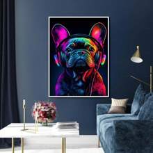 French Bulldog Wall Art Dog Wall Decor Black Poster Canvas Prints Graffiti Bulldog Wear Headphone Paintings For Living Room Bedroom Bathroom Home Office Decor,Framed And Ready To Hang.