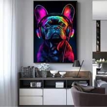 French Bulldog Wall Art Dog Wall Decor Black Poster Canvas Prints Graffiti Bulldog Wear Headphone Paintings For Living Room Bedroom Bathroom Home Office Decor,Framed And Ready To Hang.