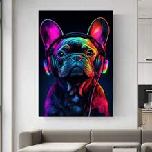 French Bulldog Wall Art Dog Wall Decor Black Poster Canvas Prints Graffiti Bulldog Wear Headphone Paintings For Living Room Bedroom Bathroom Home Office Decor,Framed And Ready To Hang.