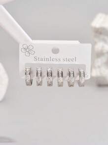6pcs Elegant Zirconia Hoop Earrings Set, Stainless Steel