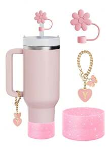 Set de 3 piezas: 1 pieza Tapa de pajita de silicona hexagonal, 1 pieza Marcador de taza con forma de letra/corazón/mariposa, y 1 pieza Funda de taza con purpurina, adecuado para tazas de 30-40 onzas, diámetro de pajita de 9-10 mm, tazas de vidrio con asa, decoración de mariposa rosa linda, regalo para el Día de la Madre