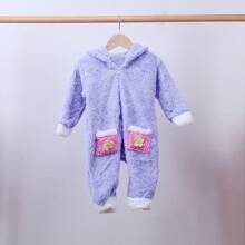 Otoño e invierno, lindos animales bebés, pequeños monos y patos, mamelucos cálidos estampados, ropa para gatear para bebés, ropa suave para salir - Morado - Ver 1