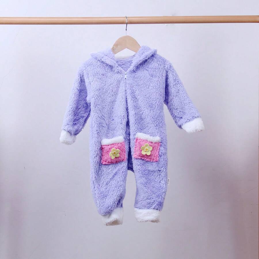 Otoño e invierno, lindos animales bebés, pequeños monos y patos, mamelucos cálidos estampados, ropa para gatear para bebés, ropa suave para salir - Morado - Ver 1