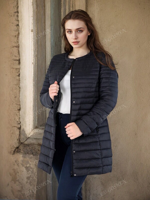 Giacca imbottita casual e alla moda, senza colletto, di media lunghezza, cappotto trapuntato alla moda