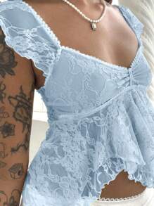 Women Summer Crop Tanks Flying Sleeve V Neck Lace Double Layered Lotus Edge Tops - 藍色 - 查看 2