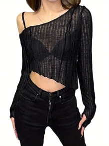 Womens Casual Long Sleeve T-Shirt Fashion Solid Color Oblique Shoulder Irregular Exposed Navel Tops