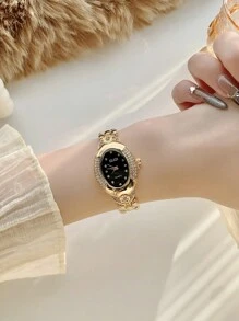 1pc Women's Vintage Oval Gold Tone Rhinestone & Zirconia Decorated Fashion Watch, Suitable For Daily Wear, Parties, Gatherings And Events