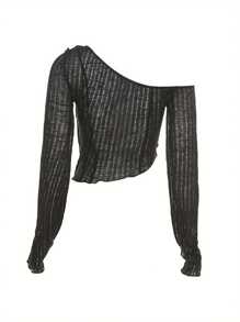 Womens Casual Long Sleeve T-Shirt Fashion Solid Color Oblique Shoulder Irregular Exposed Navel Tops