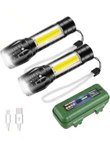 Linterna LED Recargable Paquete de 2, Lampara Tactica con Luz de XPE+COB Flashlight Portátil, Lampara Led con 5 Modos de Luz - Negro - Ver 2
