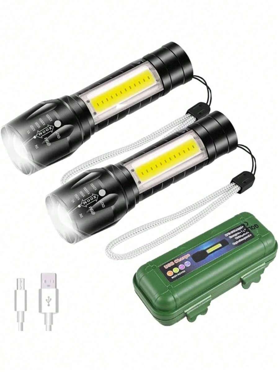 Linterna LED Recargable Paquete de 2, Lampara Tactica con Luz de XPE+COB Flashlight Portátil, Lampara Led con 5 Modos de Luz
