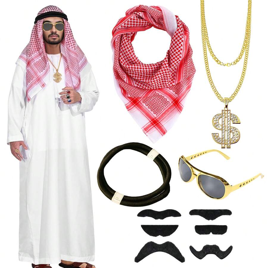 Conjunto de disfraz árabe para hombres - 10 piezas Set de accesorios de disfraz árabe que incluye 1 pañuelo de cabeza tipo keffiyeh, 1 diadema negra árabe, 1 gafas, 1 collar dorado, 6 barbas negras para disfraces de hombres, para fiestas, cosplay, carnavales y vestimenta Dubai