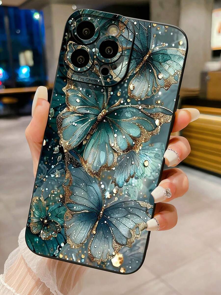 1pc Jade Butterfly Design Shockproof Phone Case Compatible With Apple, Galaxy, Infinix, Redmi, OPPO, VIVO, Realme - Black - View 1