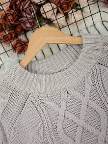Plus Size Loose Casual Round Neck Long Sleeve Knitted Pullover Sweater - Grey - View 6