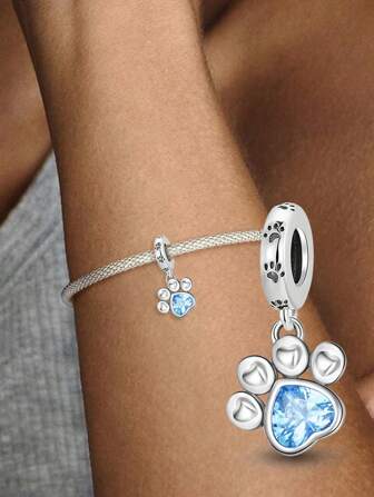 1Pc Fashionable 925 Sterling Silver Blue Dog Footprints Charm Bead Fit For Women Bracelets Bangles DIY Jewelry Making And Daily Outfit Matching Jewelry Decoration For