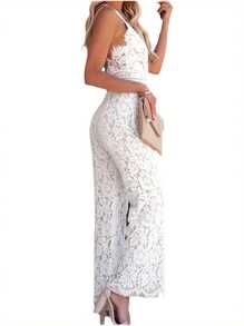 Women Elegant Jumpsuit, Spaghetti Straps V Neck Solid Color Lace Open Back One Piece Wide-Leg Jumpsuits Long Playsuit