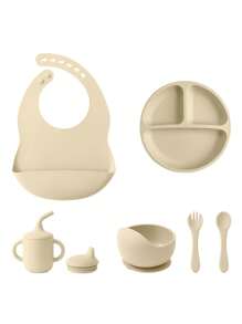Conjunto de vajilla personalizada para bebé de 6 piezas en silicona, incluye baberos impermeables, plato portátil, cubiertos blandos, bol con ventosa, taza con tapa a prueba de fugas. Multiusos, ornamental, con letras, elegante, moderno, colorido, kawaii, adorable, lindo, casual, personalizado, único, personalizado, niño, niña