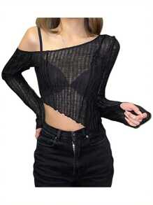Womens Casual Long Sleeve T-Shirt Fashion Solid Color Oblique Shoulder Irregular Exposed Navel Tops
