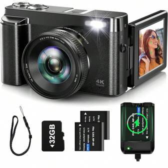 Nicamery 4K Digital Camera With Auto Focus, 48MP Camera With 32GB Memory Card, 180° 3" Flip Screen, Video Blogger Camera For High Definition Video Recording, With 16x Digital Zoom, Stabilization, Powered By 2 Batteries