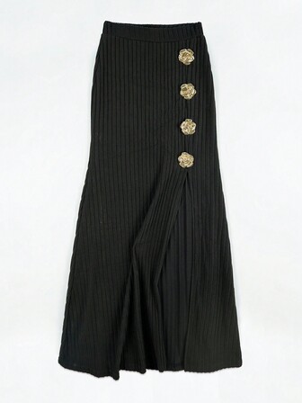 Chic And Elegant Metal 3D Floral Decor High Split Front A-Line Mini Skirt, Versatile For Dates, Commuting, Daily Wear