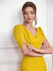 Backless V-Neck Formal Evening Gown, Fitted With Bead Embellished, Elegant & Glamorous Dress With Train, Party Dress, Wedding Guest Dress - Yellow - View 3