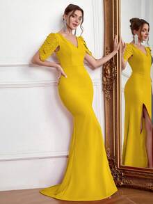 Backless V-Neck Formal Evening Gown, Fitted With Bead Embellished, Elegant & Glamorous Dress With Train, Party Dress, Wedding Guest Dress - Yellow - View 6