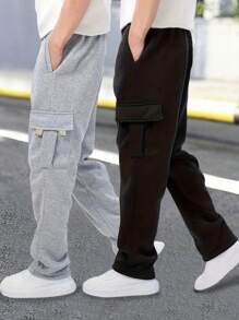 2 件套青少年男孩休闲宽松户外运动健身运动裤带侧袋，直腿加厚保暖裤，春/秋/冬 - 黑色 - 查看 1